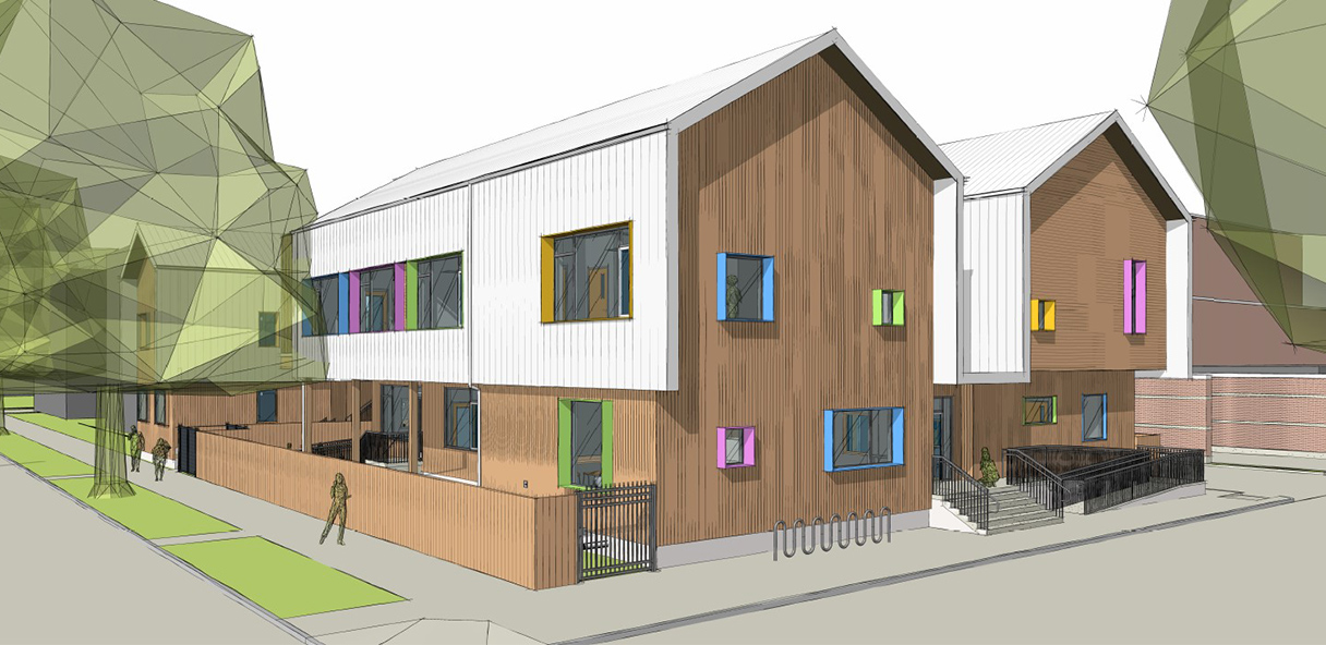 Rendering of brown and white building with bright colored framed windows.